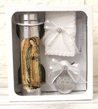 Load image into Gallery viewer, Silver Guadalupe 5pc Baptism Candle Set Favors Girl Boy