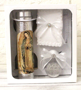 Silver Guadalupe 5pc Baptism Candle Set Favors Girl Boy