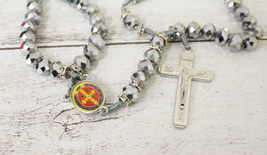 Silver Picture Saint Benedict Medal Cross Rosary