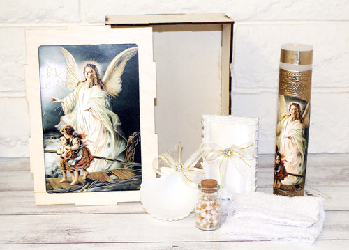 5pc Guardian Angel Baptism Set Wood Box