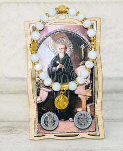 24 St. Benedict San Benito Medal Wood Frame w/ Bracelet
