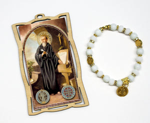 24 St. Benedict San Benito Medal Wood Frame w/ Bracelet