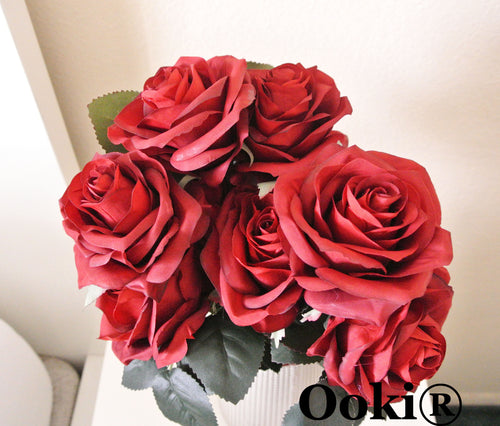 Burgundy Blood Red Rose Bouquet Silk Flower 10 Heads Bush