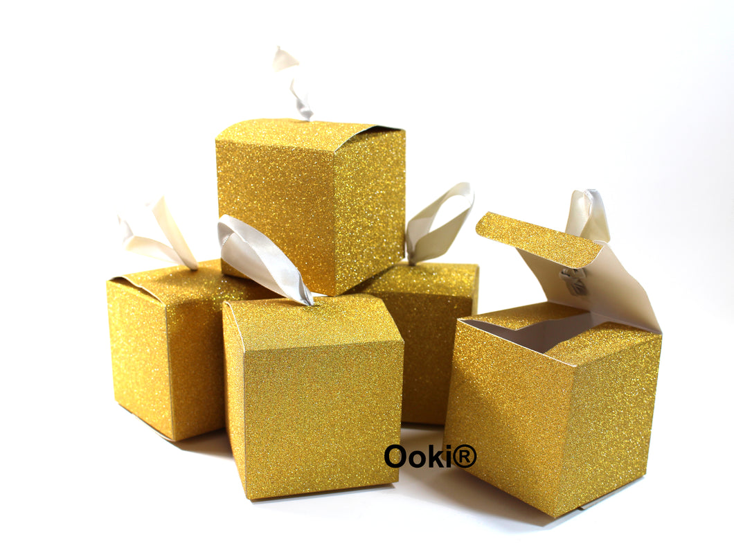 Gold Glitter Party Favor Box with Ribbon