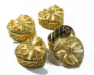 12 Heart Shape Rhinestone Bow Gold or Silver Trinket Box