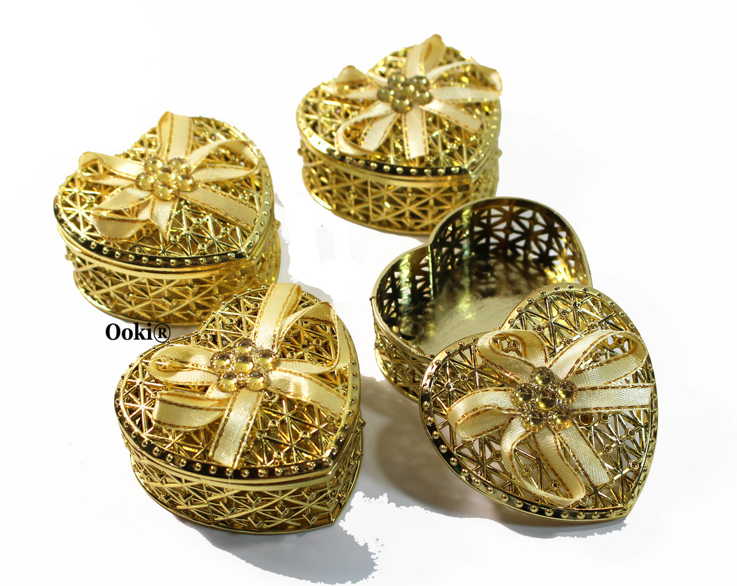 12 Heart Shape Rhinestone Bow Gold or Silver Trinket Box