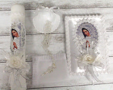 Load image into Gallery viewer, Guadalupe Foil 5pc Baptism Candle Set Favors Girl Boy